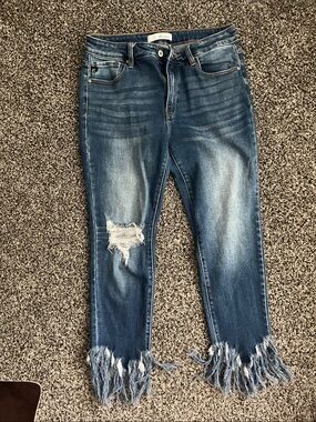 KanCan Blue Distressed Ankle Jeans with Fringe Hem